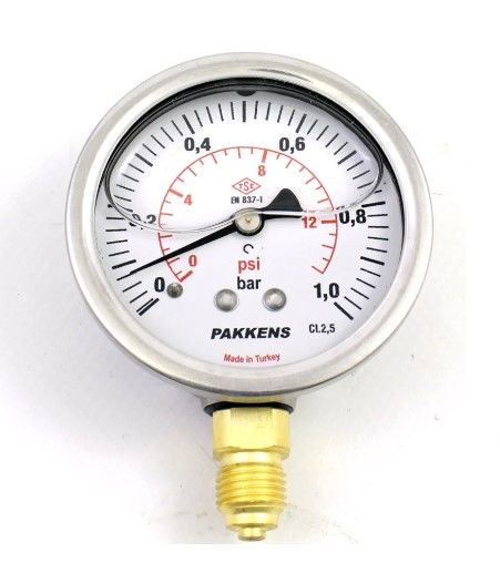 PAKKENS Alt Bağlantılı Gliserinli Manometre Ø63 mm 1 Bar 1/4''