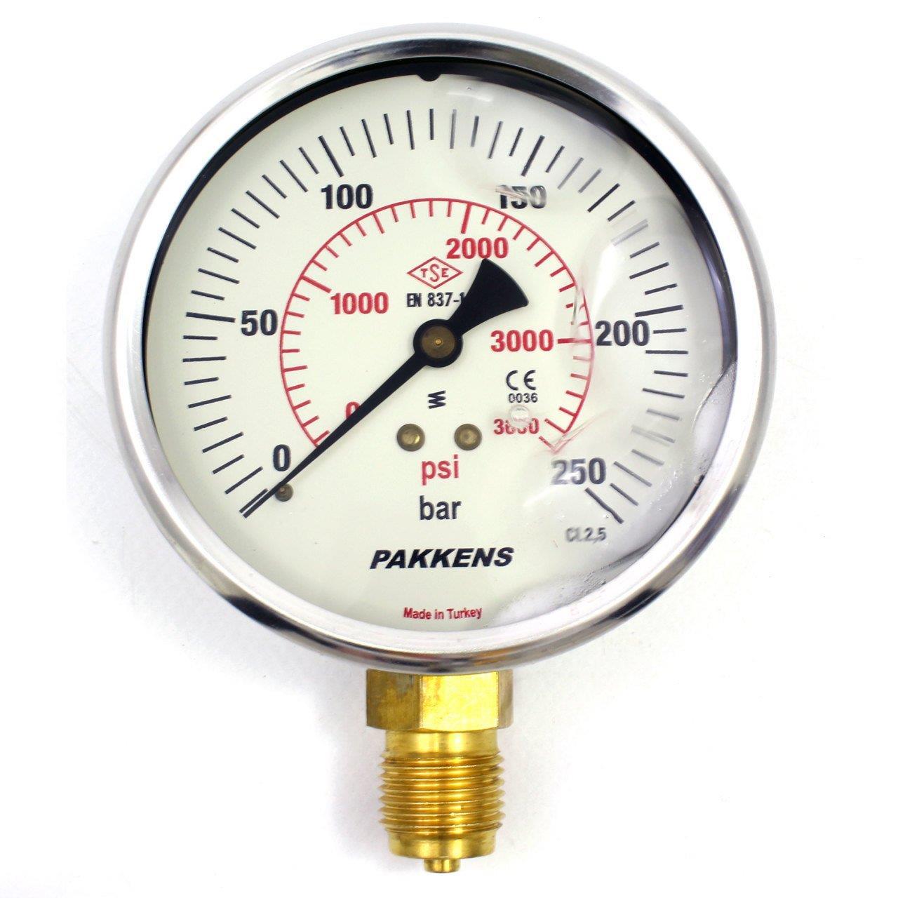 PAKKENS Alt Bağlantılı Gliserinli Manometre Ø100 mm 250 Bar 1/2''