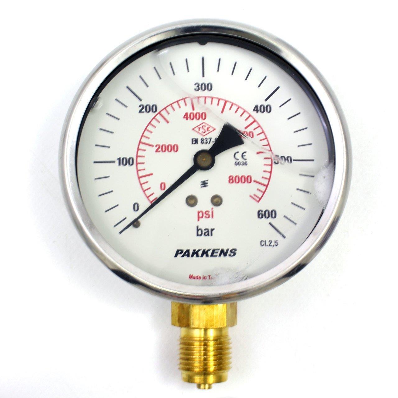 Pakkens Alt Bağlantılı Gliserinli Manometre Ø100 mm 600 Bar 1/2''