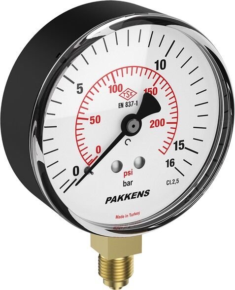 PAKKENS Alt Bağlantılı Kuru Tip Manometre Ø50 mm 16 Bar 1/4''