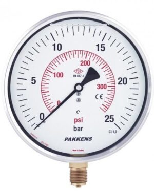 PAKKENS Alt Bağlantılı Gliserinli Manometre R1/2'' 25 Bar 160 mm CL1,6