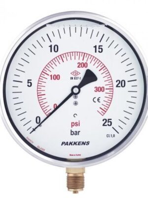 PAKKENS Alt Bağlantılı Gliserinli Manometre R1/2 25 Bar 160 mm CL1,6