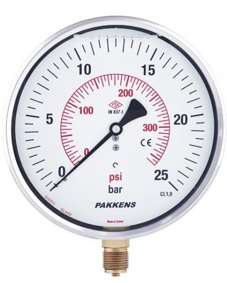 PAKKENS Alt Bağlantılı Gliserinli Manometre R1/2'' 25 Bar 160 mm CL1,6