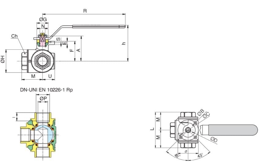 RB COMBI-SFER 3600 L Pirinç 3 Yollu Küresel Vana