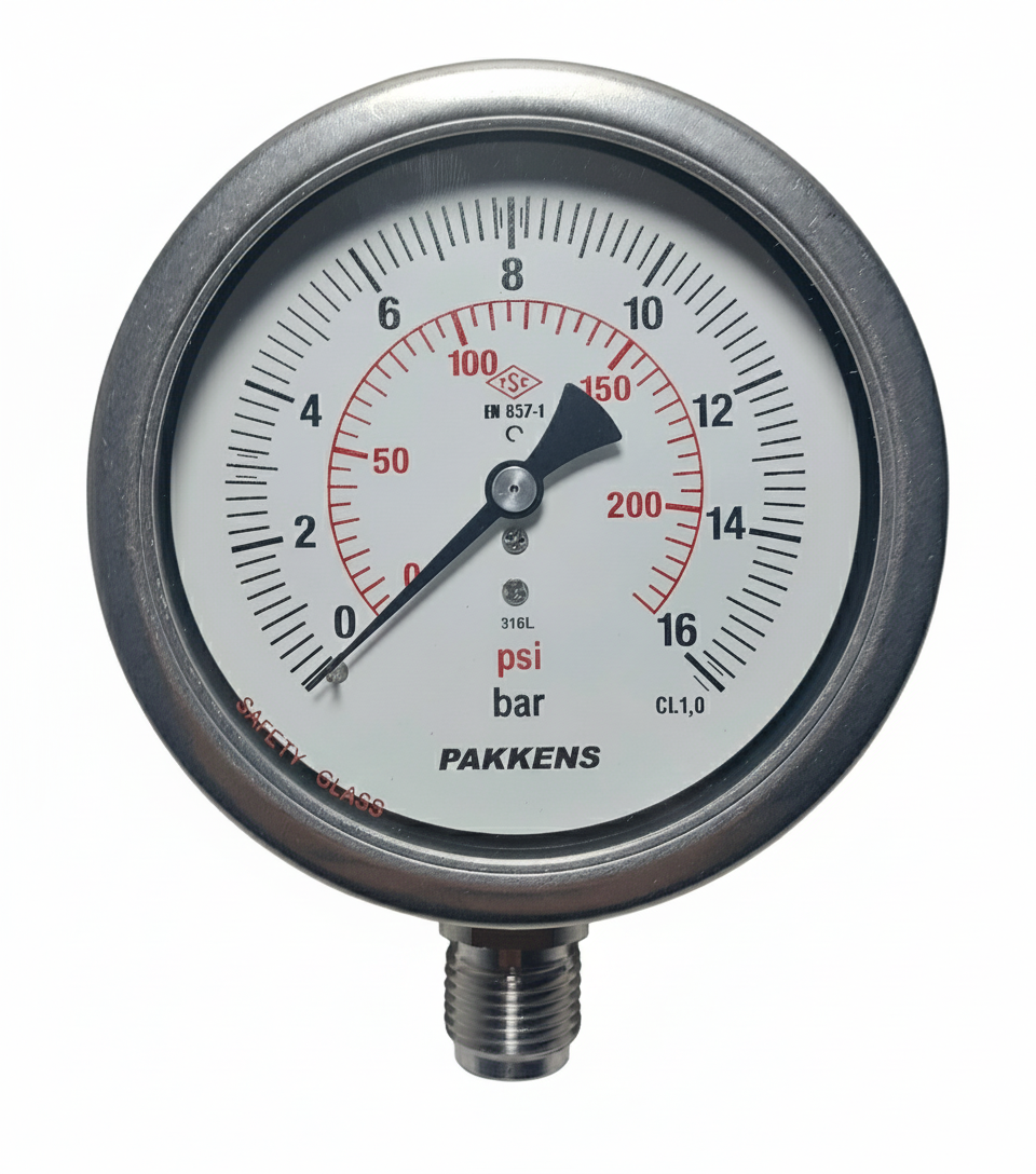 PAKKENS Alt Bağlantılı Doldurulabilir Manometre Ø100 mm 16Bar