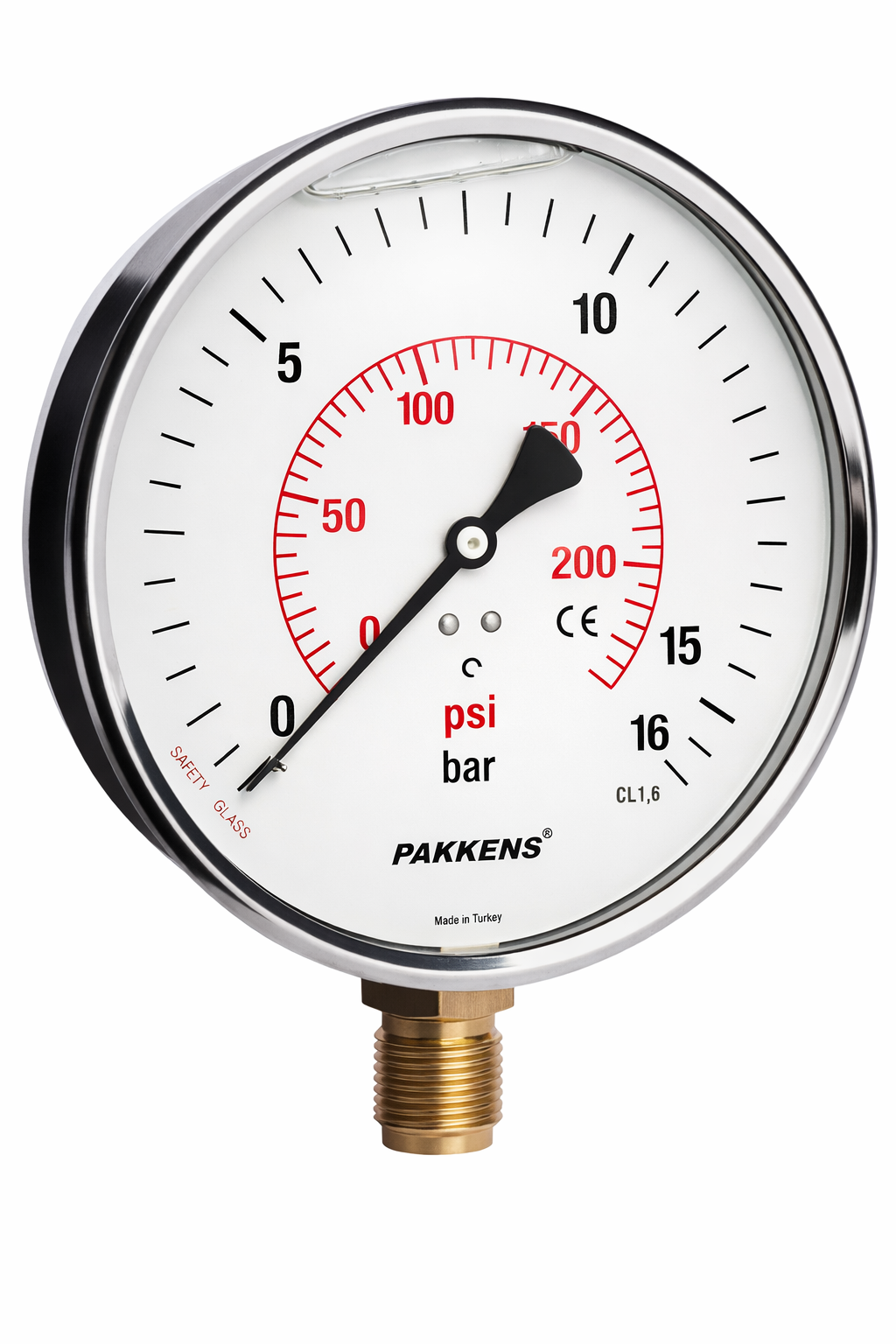 PAKKENS Alt Bağlantılı Gliserinli Manometre Ø160 mm 16 Bar